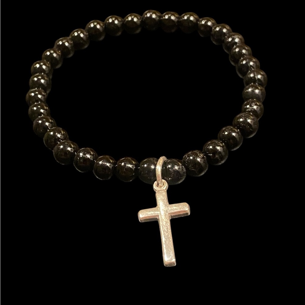 Platinum Cross on 6mm Onyx Bracelet